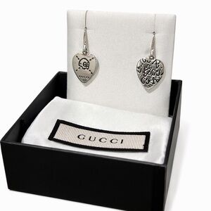 Gucci “Guccighost” 925 Sterling Silver Heart & Skull Charm Dangle Earrings